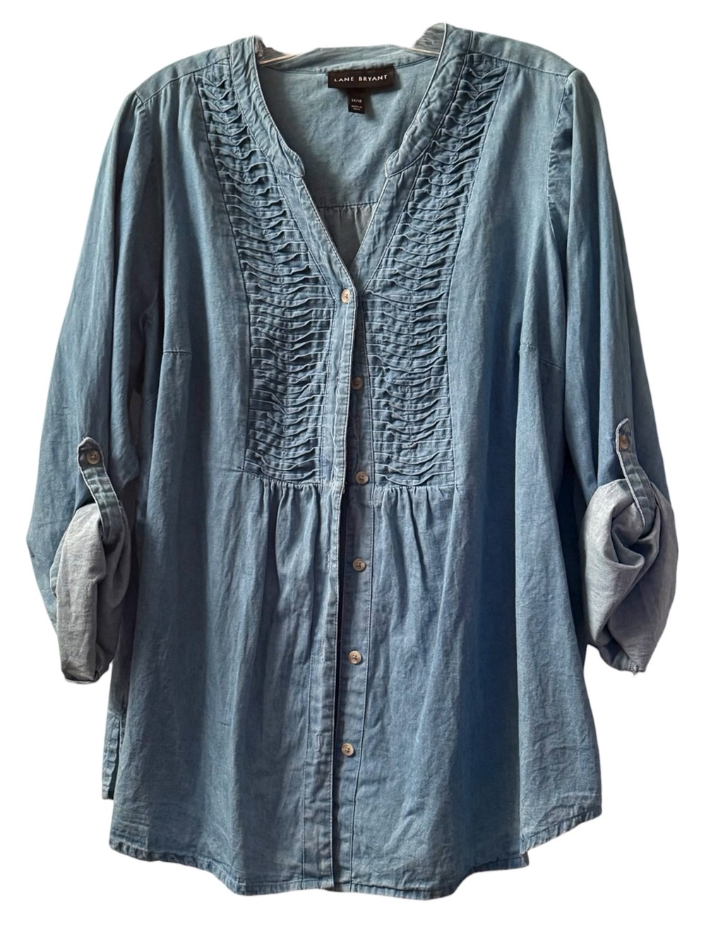 Lane Bryant Denim Tunic Shirt Women’s Size 14/16 Roll Tab Sleeves 100% Cotton - Picture 2 of 5